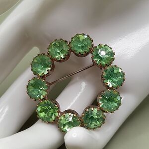 Vintage Peridot Green Rhinestone Circle Brooch Uranium Glass 1950s